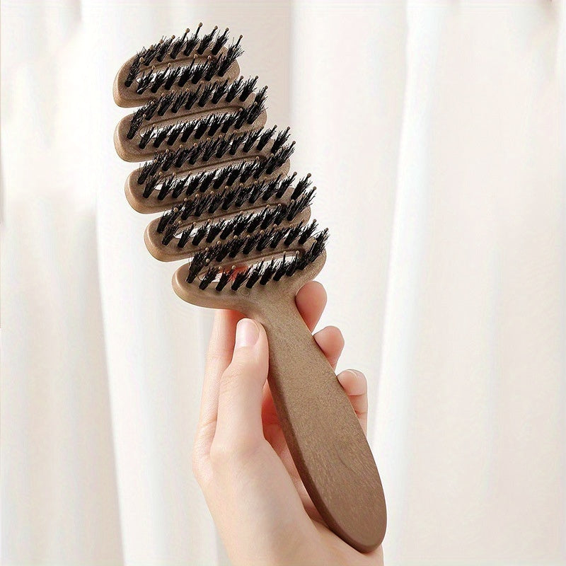1pc Dual-Purpose Natural Bristle Hair Comb - a Fluffy Massage Tool Suitable for Women, Suitable for Straight And Fluffy Hair, with Brown ABS Plastic Handle, Perfect for Home And Travel, Dual-Purpose Hairbrush | Straightening Brush